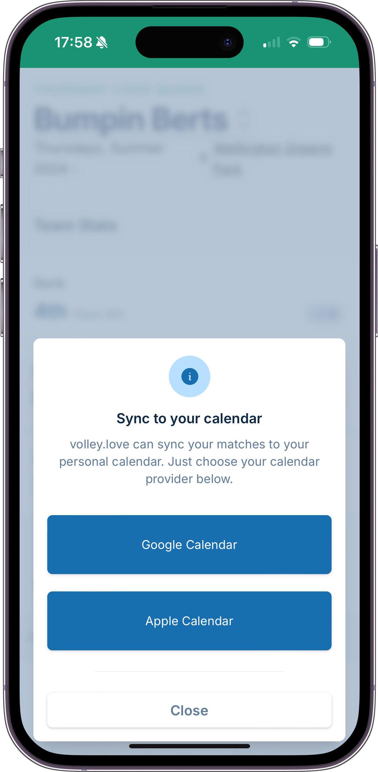 A screenshot showing the options of subscribing to a team calendar, which allows syncing to Google Calendar and Apple Calendar