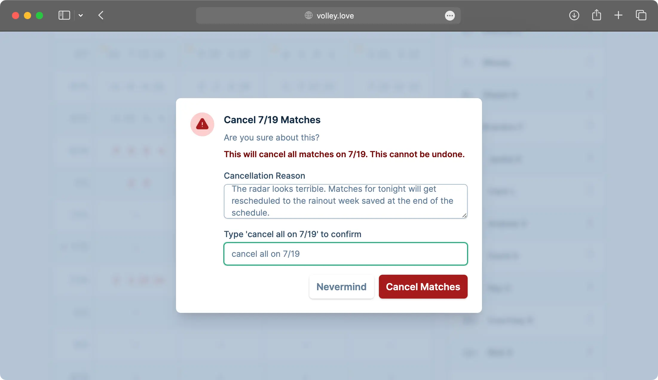 A screenshot showing the match cancellation dialog, where the manager has decided to cancel matches and is providing a message to send to captains