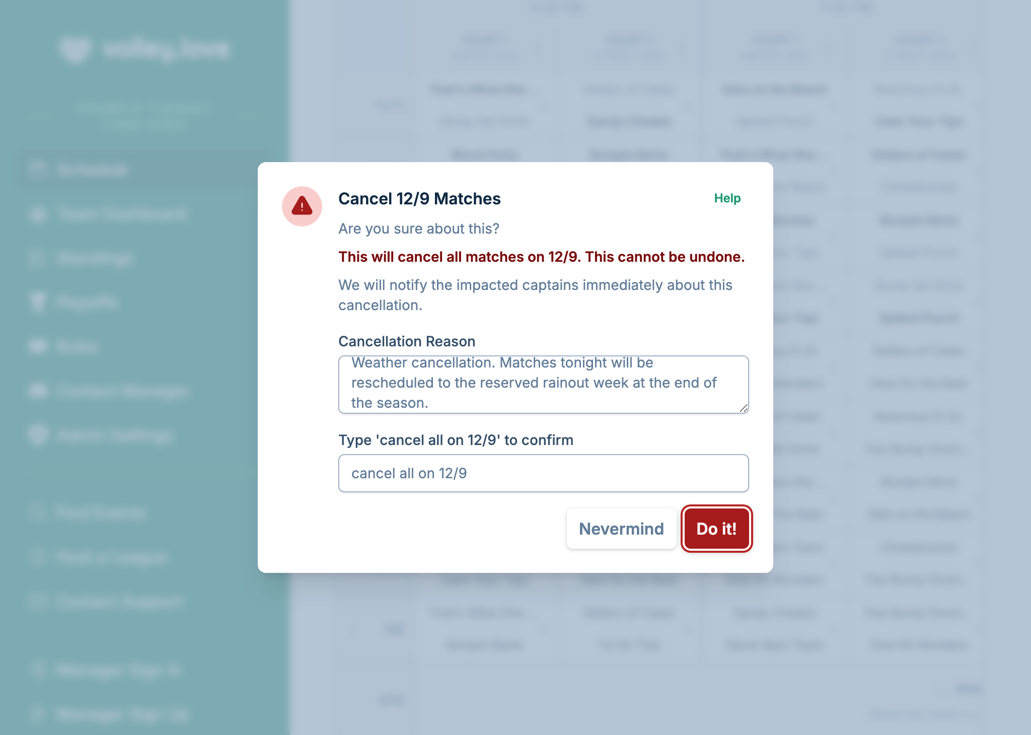 A screenshot showing the match cancellation dialog, where the manager has decided to cancel matches and is providing a message to send to captains