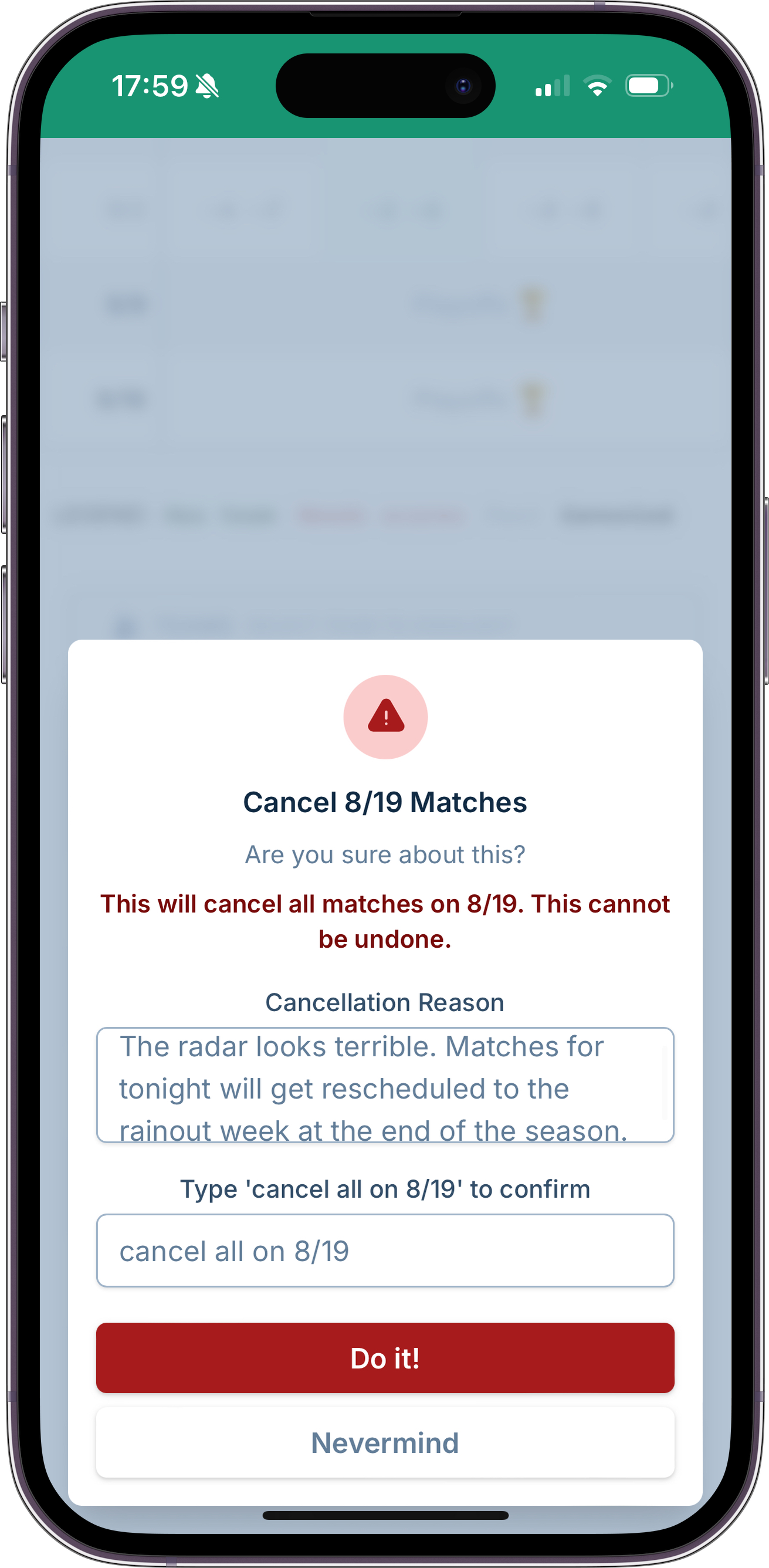 A screenshot showing the match cancellation dialog, where the manager has decided to cancel matches and is providing a message to send to captains