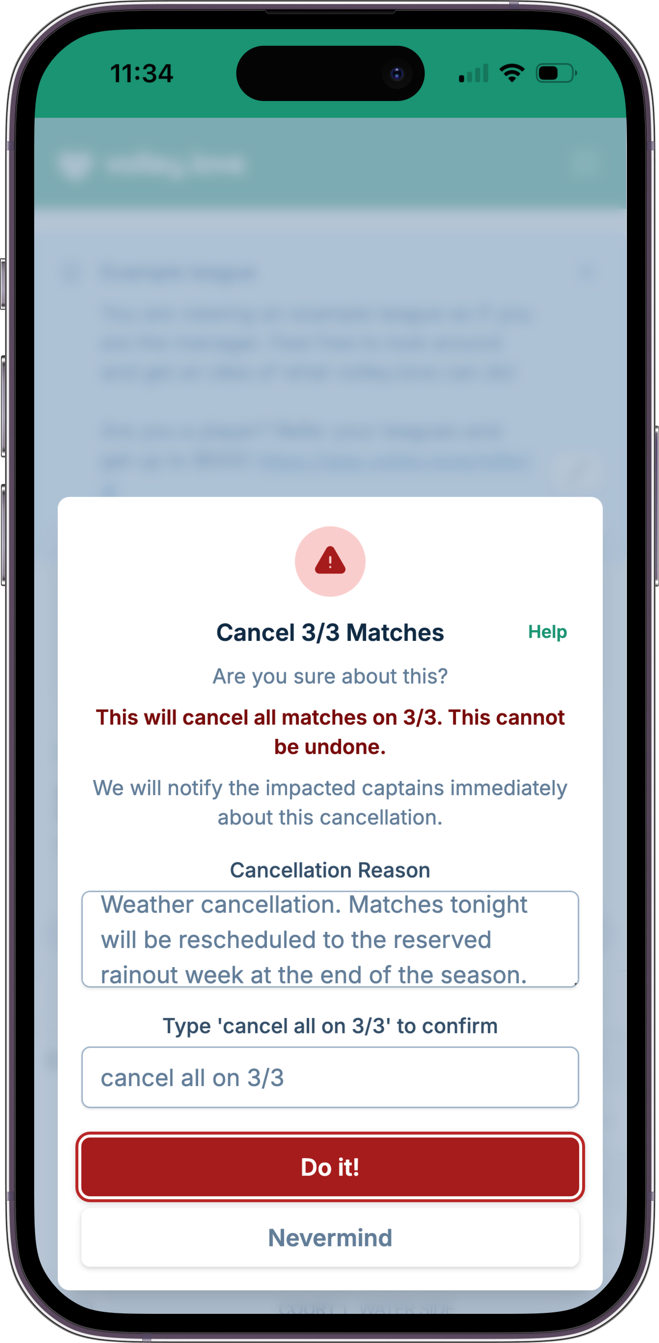 A screenshot showing the match cancellation dialog, where the manager has decided to cancel matches and is providing a message to send to captains