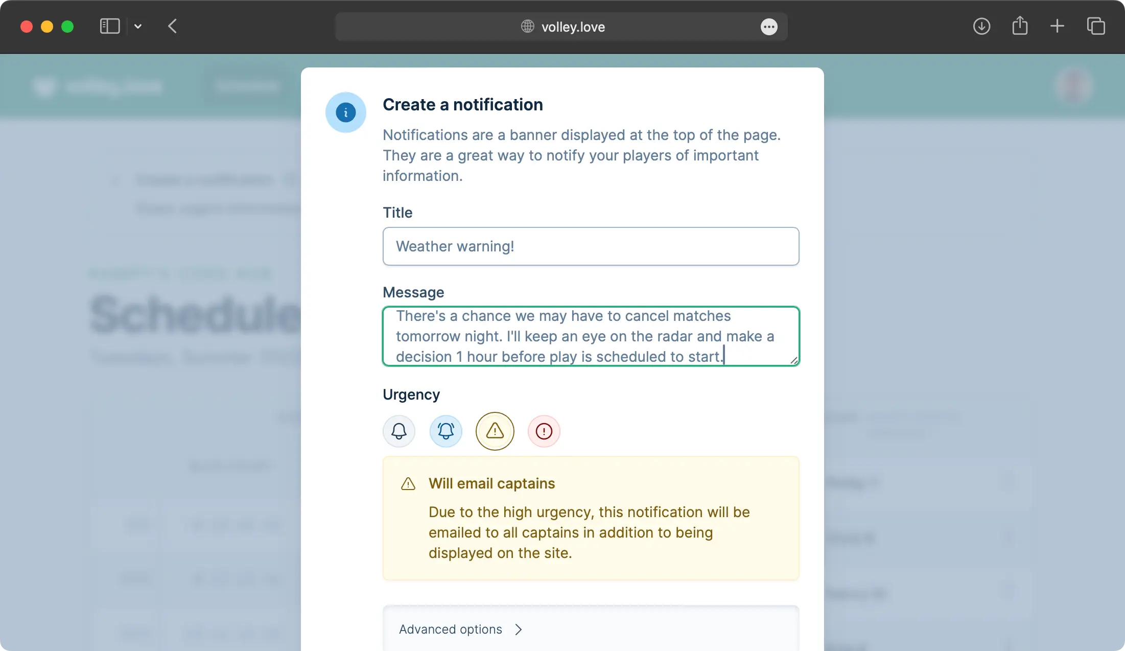 A screenshot showing the notification creation form, where a manager is notifying captains matches may be canceled if the radar doesn't improve