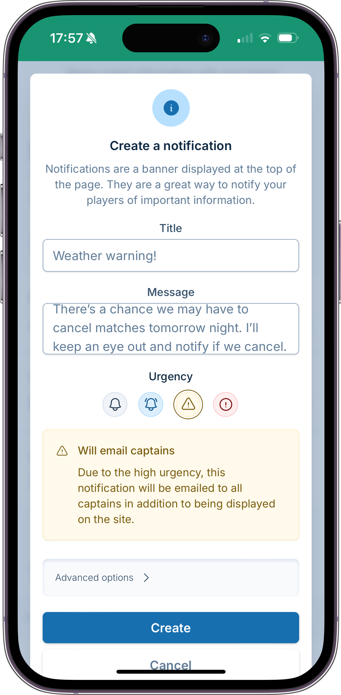 A screenshot showing the notification creation form, where a manager is notifying captains matches may be canceled if the radar doesn't improve