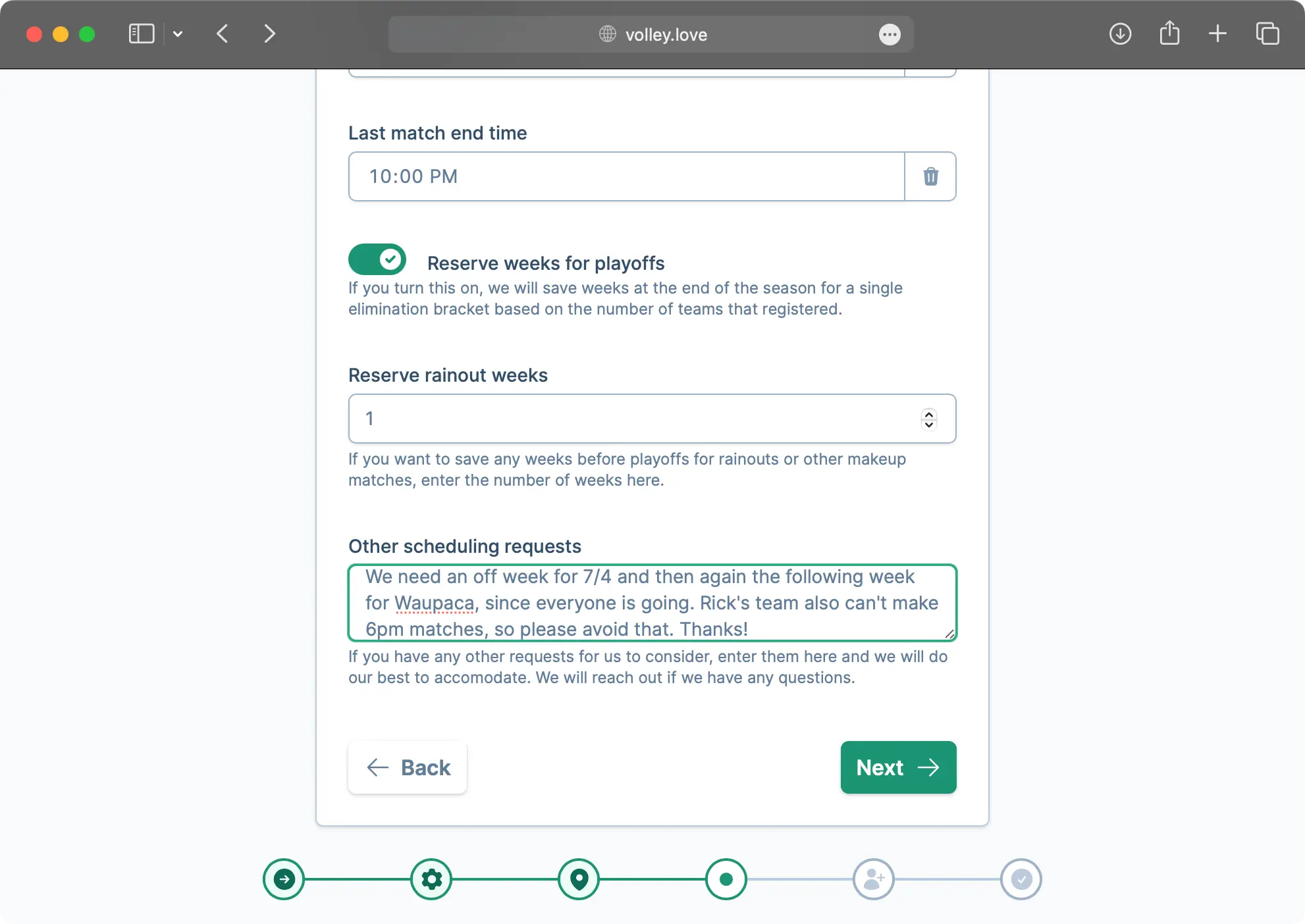 A screenshot of the league creation wizard where a league manager can enter scheduling constraints and preferences