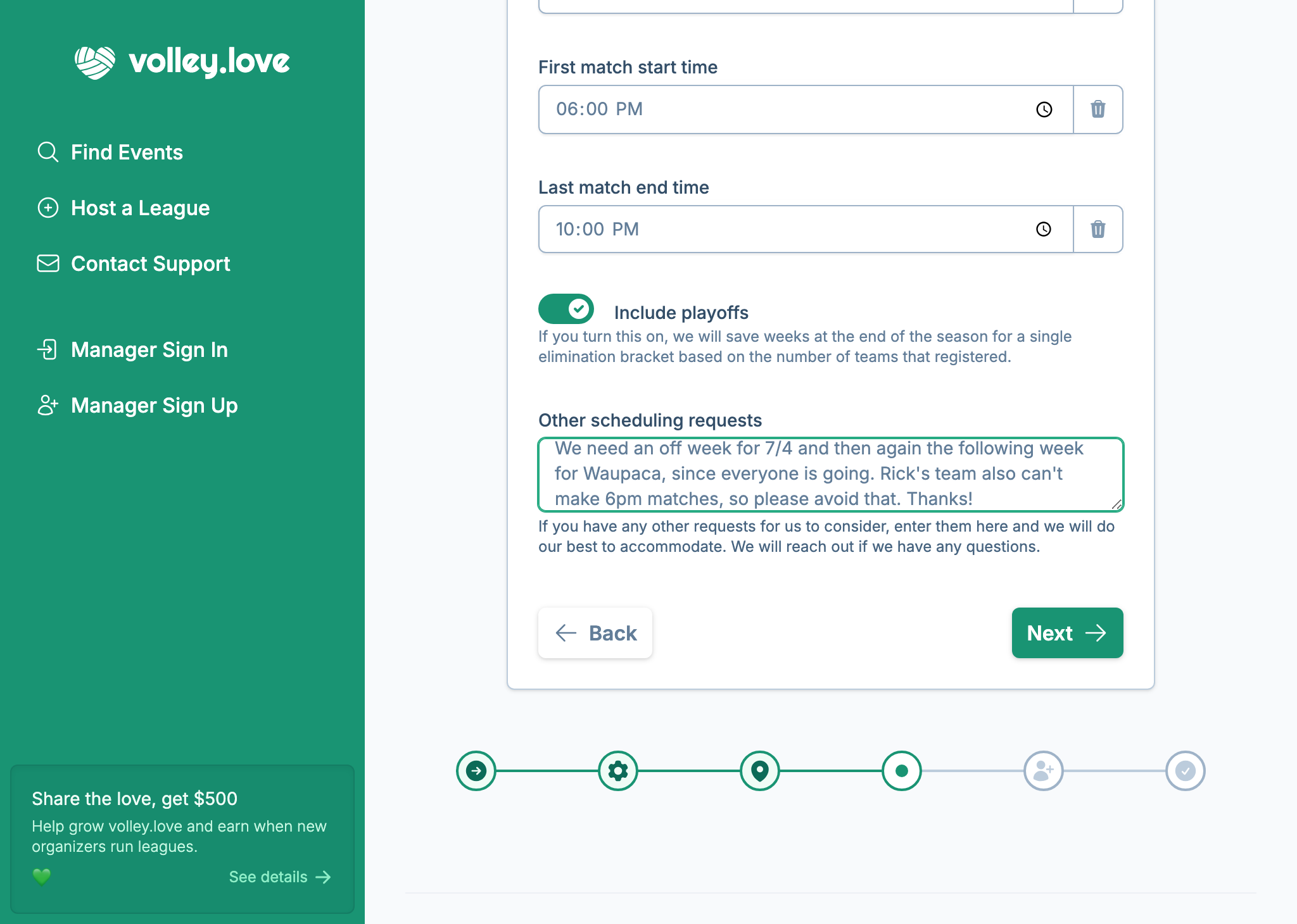 A screenshot of the league creation wizard where a league manager can enter scheduling constraints and preferences