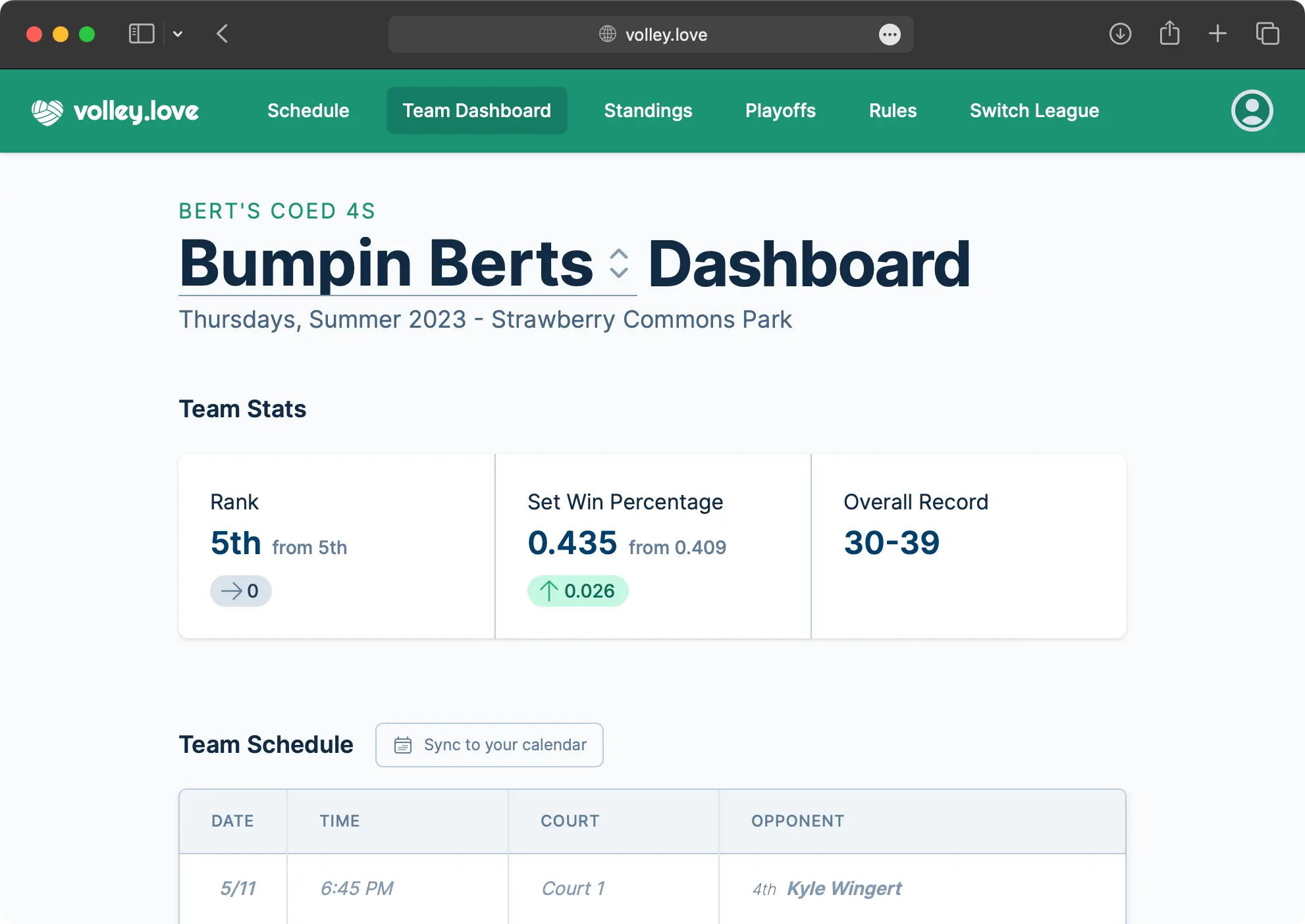 A screenshot of a team dashboard, showing their stats, standings, and personalized schedule