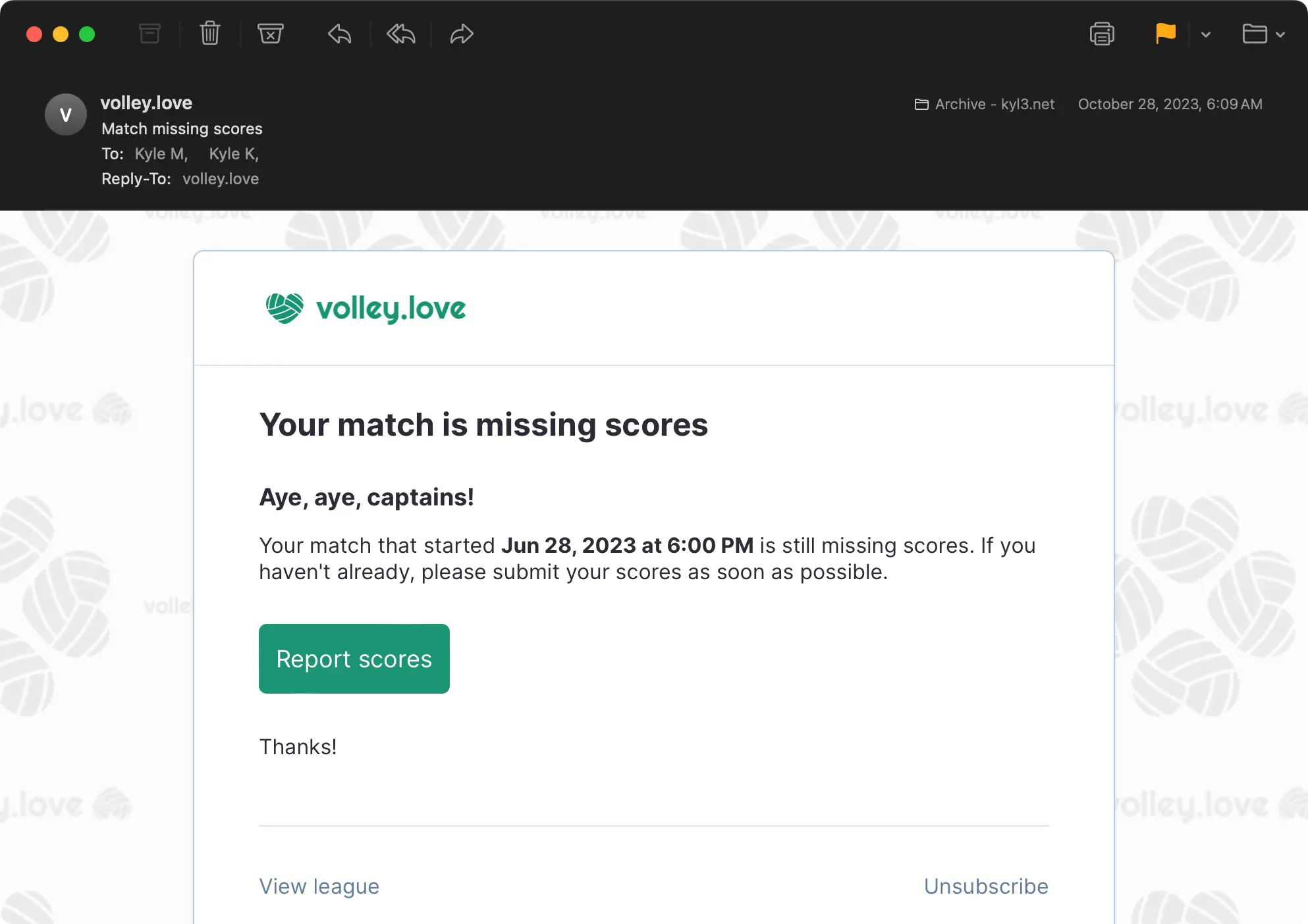 A screenshot of an email sent by the volley.love service that reminds captains to enter their scores after a match completes