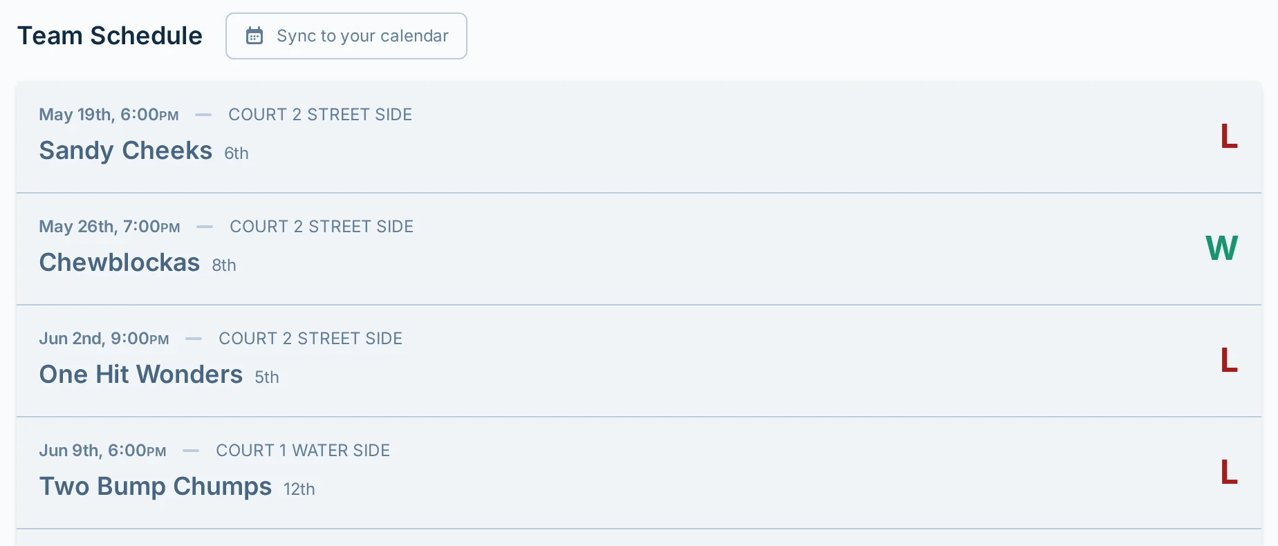 Team schedule section on the volley.love team dashboard for a volleyball league