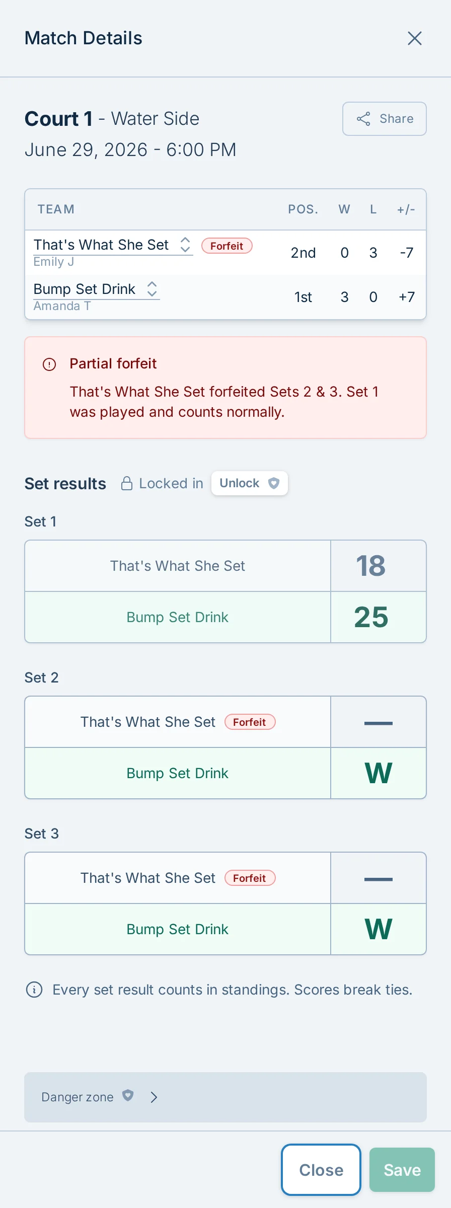Forfeit results in volley.love match details, including the standings and each set