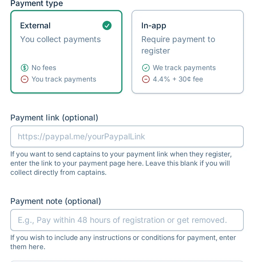 External payment link and note fields in volley.love, a volleyball registration payments settings screen
