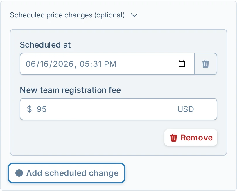 Scheduled registration price change controls in volley.love, a volleyball league signup pricing screen