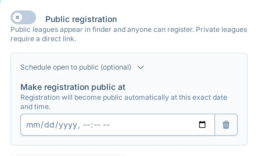 Scheduled public registration controls in volley.love, a volleyball league registration settings screen